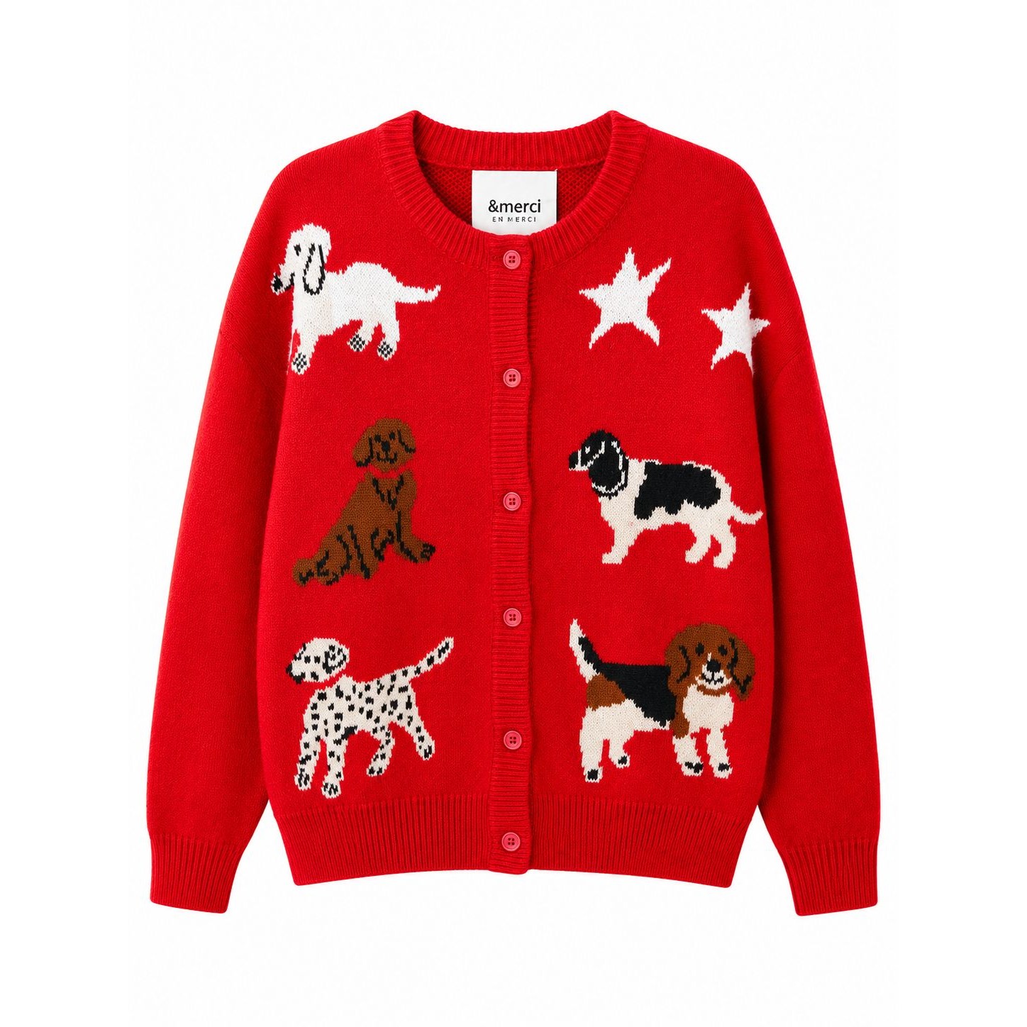 &Merci Red Dog Print Cardigan Sweater Button Front Novelty Knit Nwt L